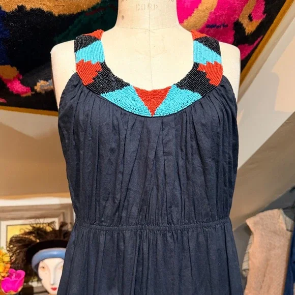 Chaudry Black Cotton Beaded Neckline Tiered Maxi Dress Boho - L - Picture 8 of 9